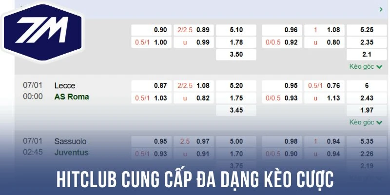 Hitclub cung cấp đa dạng kèo cược