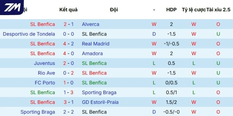 Thành tích gần đây của Benfica tại mọi đấu trường
