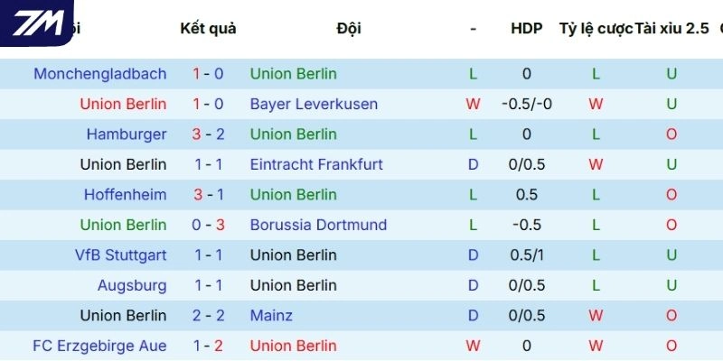 Thành tích thi đấu của Union Berlin thời gian gần đây